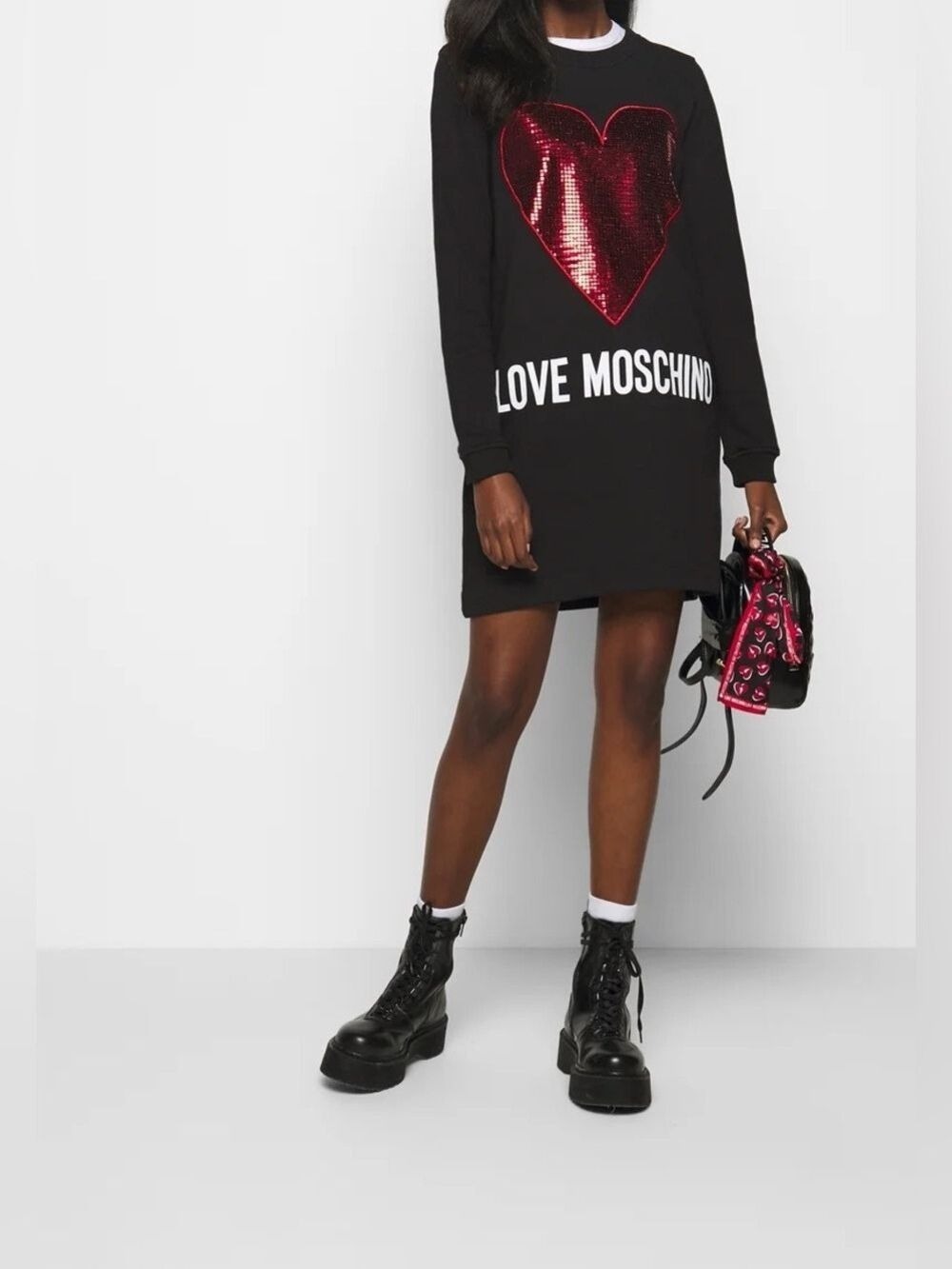 Love Moschino Black Sweatshirt Dress with Red Sequin Heart Black Size 4